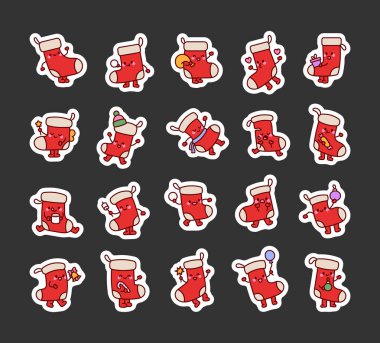 Şirin kawaii çizgi filmi kış mevsimi için Noel çorapları koleksiyonunu özetliyor.