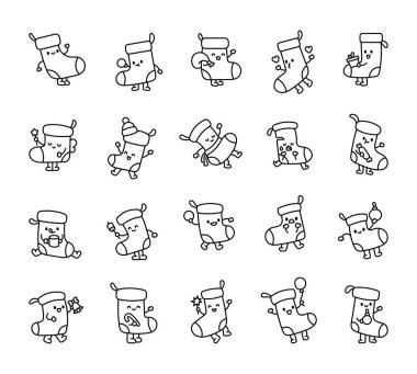 Şirin kawaii çizgi filmi kış mevsimi için Noel çorapları koleksiyonunu özetliyor.