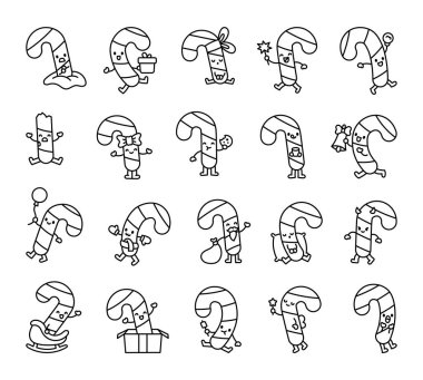 Şirin kawaii çizgi film ana hatları farklı pozlarda Noel şekeri koleksiyonu ve kış mevsimi için bayram eşyaları.