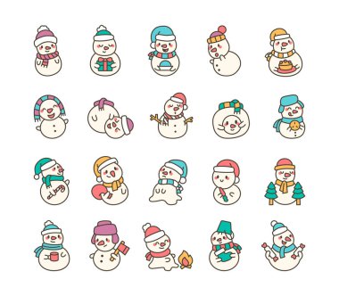 Kardan adam karakterleri Noel tatili süslemeleri için şenlik elementleri ve kış resimleriyle demet demet oluştururlar.