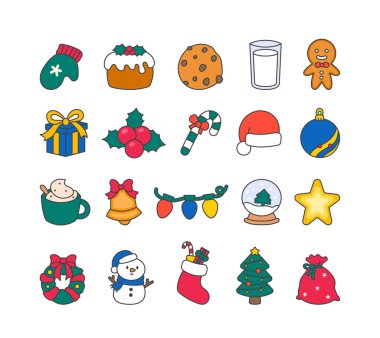 Yılbaşı süslemeleri ve yeni yıl eşyaları ile neşeli karakterli mevsimsel çizimler için Noel bayramı simgesi seti