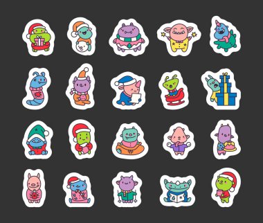 Noel sevimli kawaii çizgi film canavarları bayram kıyafetleri içinde kış süslemeleri ve neşeli mevsimsel kutlamalar için