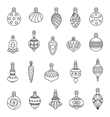 Noel ana hatları süsleme vektör koleksiyonu. Bayram ağacı süslemeleri ve bayram mevsimsel dekorasyonları için.