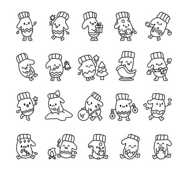 Noel Kawaii, kış tatili süslemeleri için neşeli çizgi film tarzında karakterler.
