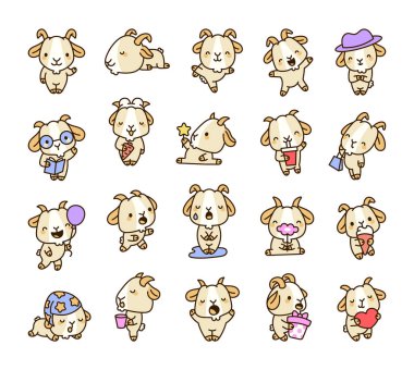 Şirin ve komik bebek keçi çizgi film karakteri. Kawaii hayvan çizimleri ve sevimli maskot tasarımları olan çocuklar için.