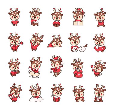 Noel ren geyiği kawaii. Noel kış süsleri ve çocuk resimlerine neşeli hediyeleri olan sevimli çizgi film karakterleri.