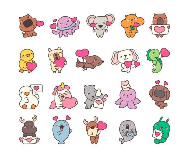 Sevgililer Günü karikatür çizimleri ve selamlama tasarımları için kalpleri olan sevimli kawai hayvan karakterleri.