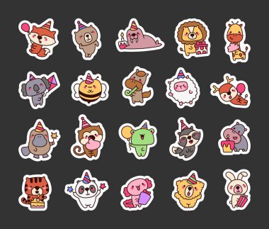 Doğum günü için sevimli kawaii çizgi film karakterleri ve eğlenceli şapkaları ve hediyeleri olan parti illüstrasyonları.