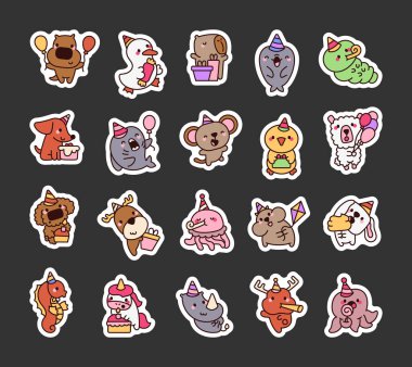 Şirin kawai çizgi film parti hayvanları balonlu karakterler ve doğum günü kutlamaları için şenlikli aksesuarlar.