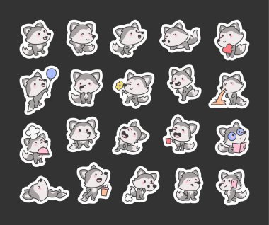 Sevimli kawaii çizgi film kurt karakterleri farklı şirin pozlar ve çeşitli kutlamalar için ruh halleri.