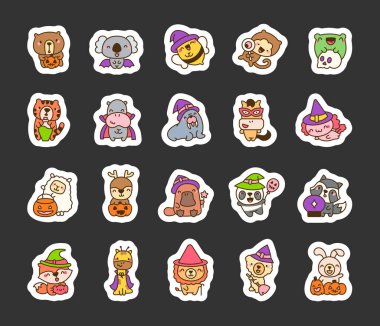 Halloween kawaii animal cartoon characters in cute costumes for digital clipart and vector illustration design set clipart