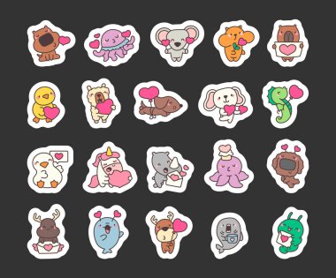 Sevgililer Günü karikatür çizimleri ve selamlama tasarımları için kalpleri olan sevimli kawai hayvan karakterleri.