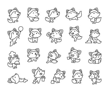 Sevimli kawaii çizgi film kurt karakterleri farklı şirin pozlar ve çeşitli kutlamalar için ruh halleri.