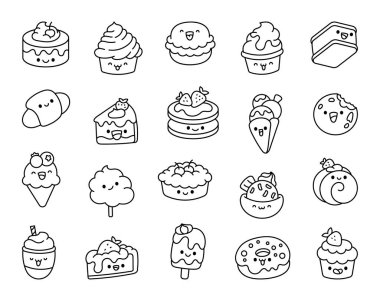 Cute kawaii cartoon sweets and dessert characters with adorable and playful expressions for kids and creative design projects clipart