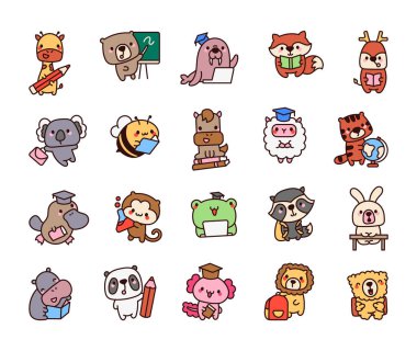 Okul hayvanı Kawaii çizgi filmi çocukların öğrenmesi ve eğlenceli sınıf aktiviteleri için eğitici malzemeleri olan karakterleri özetliyor.