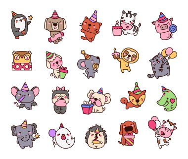 Parti hayvanları, kawaii çizgi film karakterleri, doğum günleri için hazırlanmış sevimli evcil hayvanları ve sevimli çizgi film maskotlarının yer aldığı eğlenceli süslemeleri olan şenlikli kutlamalar.