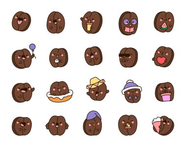 Kawaii kahve çekirdeği çizgi film karakterleri, sevimli yüz ifadeleri, şapka balonları, yaratıcı tasarım projeleri.