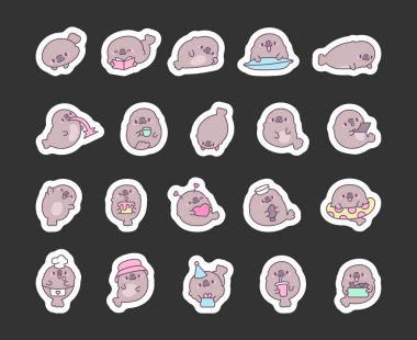 Sevimli kawaii deniz ayısı çizgi film karakterleri farklı tapılası pozlarda eğlenceli ve eğlenceli hayvan temalı çizimler ve yaratıcı ifadeler.