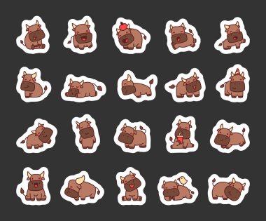 Sevimli kawaii bufalo karakterleri farklı sevimli ve komik pozlarda. Oyuncak hayvan temalı çizimler ve neşeli çocuklar için.