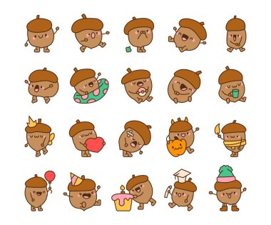 Cheerful kawaii acorn cartoon character bundle with various expressions and festive themed illustrations for autumn, winter, Halloween, birthday, and celebrations clipart