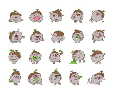 Bir grup komik ve neşeli rock karakterleri, kawaii sevimli çizgi film yüzleri, neşeli, yaratıcı, neşeli, neşeli duygular ve etkileyici, büyüleyici çizimler.