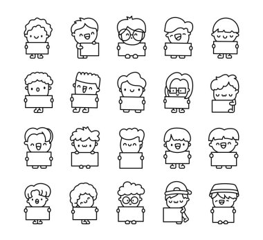 Elinde çeşitli ifadeler olan sevimli çizgi film karakterleri yaratıcı neşeli posterler tasarlamak için gülümseyen sevimli kawaii karakterleri.