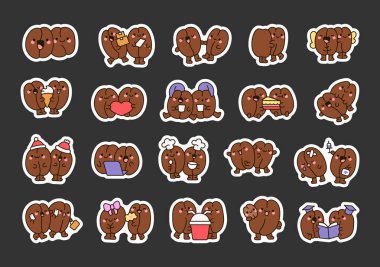 Sevgi, neşe, eğlence, neşeli aktiviteler, neşeli ifadeler, romantik jestler ve eğlenceli temalar içeren kawaii çizgi film tasarımlarıyla kahve çekirdeği çiftleri seti.