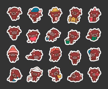 Çeşitli pozları, ifadeleri, duyguları, nesneleri ve yaratıcı ve neşeli tasarımları olan bir dizi bufalo çizgi film karakteri.