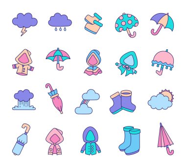 Yağmurluklar, şemsiyeler, lastik botlar, bulutlar, yağmur damlaları, su geçirmez ekipmanlar ve hava koruma resimlerinin yer aldığı bir dizi yağmur sezonu koleksiyonu