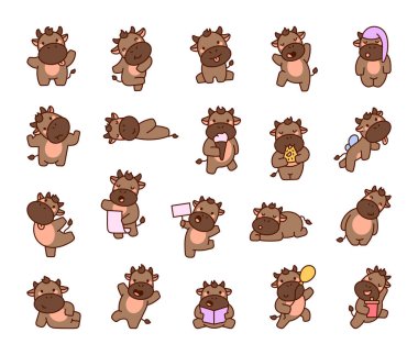 Çiftlik boğa seti ve sevimli karakterler dans, yemek yemek, uyumak, gülümsemek, oynamak, okumak, tutmak, koşmak, zıplamak ve tatlı ifadelerle çeşitli aktivitelerden zevk almak.