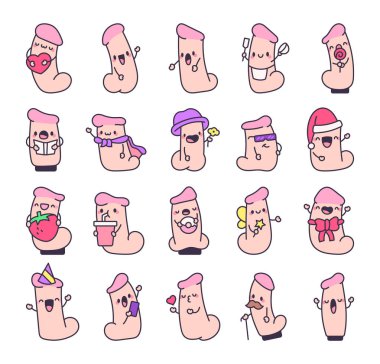 Set of cute kawaii cartoon dildo characters with different emotions, poses, funny accessories, items, joyful activities, adorable features, and unique expressions for creative design