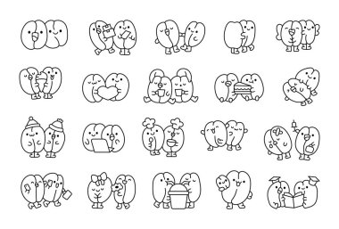 Sevgi, neşe, eğlence, neşeli aktiviteler, neşeli ifadeler, romantik jestler ve eğlenceli temalar içeren kawaii çizgi film tasarımlarıyla kahve çekirdeği çiftleri seti.