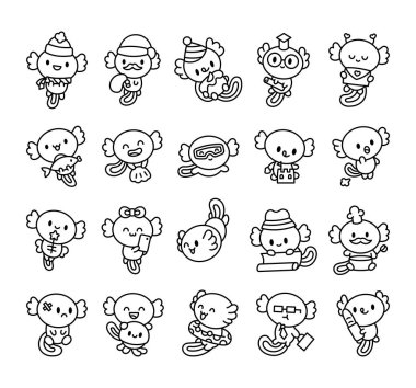 Axolotl sevimli kawaii karikatür seti, hayvan özellikleri, neşeli elementler, sevimli çizimler, su teması, şenlik tasarımları, yaratıcı ifadeler ve hoş kişilikler.