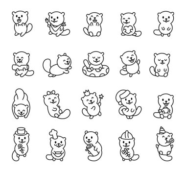 Sevimli, dost canlısı ve komik pozları olan kunduz seti çizgi film kawaii tarzında büyüleyici yaratıcı tasarım öğeleri içerir.