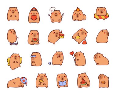 Bir grup kare capybara sevimli kawaii çizgi film karakterleri mutlu yüz ifadeleri, sevimli eylemler, komik anlar ve eşsiz ve çekici tasarımlar için sevimli pozlar.