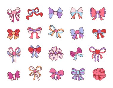 Bağlı kurdeleler, şenlikli süslemeler, el yapımı tasarımlar, katmanlı elementler, yaratıcı ve çok yönlü grafik ana hatları içeren bir dizi yay dekoratif çizimler.