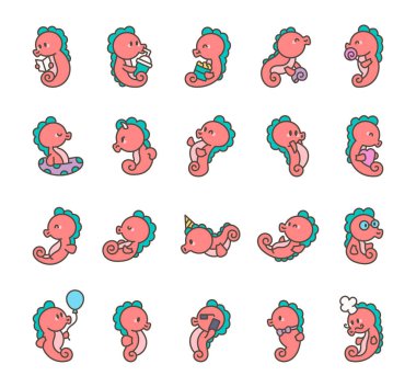 Şirin deniz atı, kawaii çizgi film seti. Sevimli deniz hayvanlarının çeşitli aktiviteleri var. Yaratıcı neşeli eğlence tasarımları için su altında nesneler.