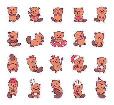 Sevimli, dost canlısı ve komik pozları olan kunduz seti çizgi film kawaii tarzında büyüleyici yaratıcı tasarım öğeleri içerir.