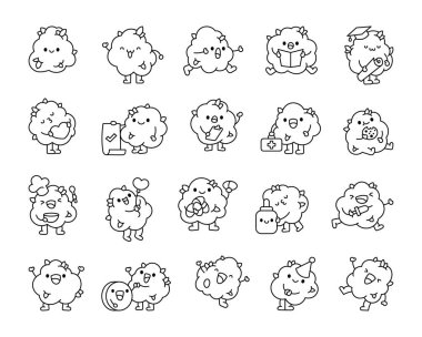 Sevimli marihuana tomurcuğu seti sevimli kawaii çizgi film karakterleri duygularını, yaratıcılığını, eğitimini, kutlamasını, sağlığını, yemeğini, hareketlerini, pozitifliğini ve benzersiz kişiliğini sergiliyor.