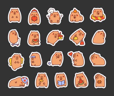 Set of square capybara cute kawaii cartoon characters with happy facial expressions, adorable actions, funny moments and adorable poses for unique and engaging designs clipart