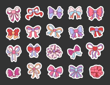 Bağlı kurdeleler, şenlikli süslemeler, el yapımı tasarımlar, katmanlı elementler, yaratıcı ve çok yönlü grafik ana hatları içeren bir dizi yay dekoratif çizimler.