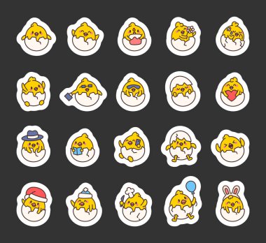 Kırık yumurtalar, neşeli ifadeler, eğlenceli çizimler, neşeli duygular, yaratıcı pozlar ve büyüleyici detaylar için sevimli kawaii tasarımları olan Chick Shell çizgi film karakteri.