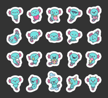 Bir dizi axolotl hayvan sevimli kawaii çizgi film karakteri duygu, neşe, eğlence, aksiyon, aşk, yaratıcılık, eğlence, su, eğlence için tatil çizimleri