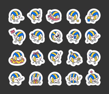 Hoş voleybol topları seti, kawaii çizgi film karakteri eğlenceli oyunlar ve dostça plaj turnuvaları, etkinlikler, mutlu anlar, takım çalışması, açık hava eğlencesi ve heyecan.