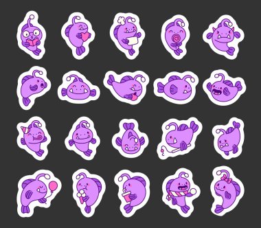 Tasarım için sevimli kawaii balıkçı balığı seti. Duygular ve elementler. Gözlükler, kalp, şef şapkası, dondurma, fular ve balon..