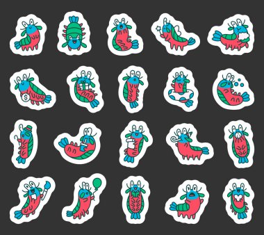 Su altı ve deniz altı temalı yaratıcı çizimler için çeşitli pozlar, duygular tasvir eden sevimli ve sevimli kawaii çizgi film karakterleriyle peygamberdevesi karidesleri..