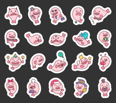 Blobfish character set with cute kawaii cartoon emotions and unique elements for marine life illustrations featuring funny and cheerful details perfect for creative and professional projects clipart