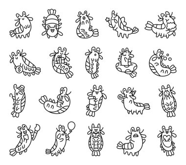 Su altı ve deniz altı temalı yaratıcı çizimler için çeşitli pozlar, duygular tasvir eden sevimli ve sevimli kawaii çizgi film karakterleriyle peygamberdevesi karidesleri..