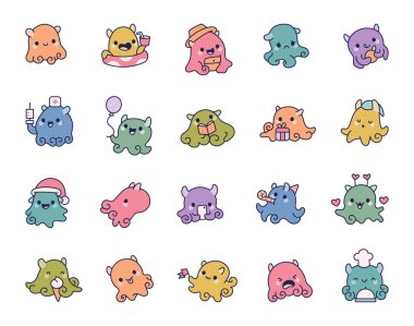 Sevimli ahtapot karakteri, kawaii karikatür dizayn Deniz hayatı duyguları için neşeli sualtı ve yaratıcı neşeli ifadeler içeren dost okyanus temalı