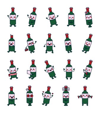 Şişe şarap karakteri seti sevimli kawaii karikatür duyguları ve elementleri, yaratıcı illüstrasyonlar ve eğlence için, olumlu, arkadaş canlısı, çekici, çekici ve komik tasarım tarzları